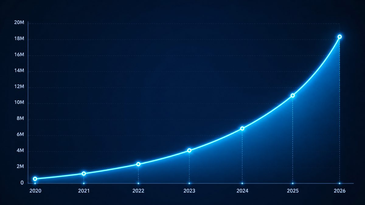 91网用户增长数据图表,展示2020-2026年注册用户从50万增长至1800万的趋势